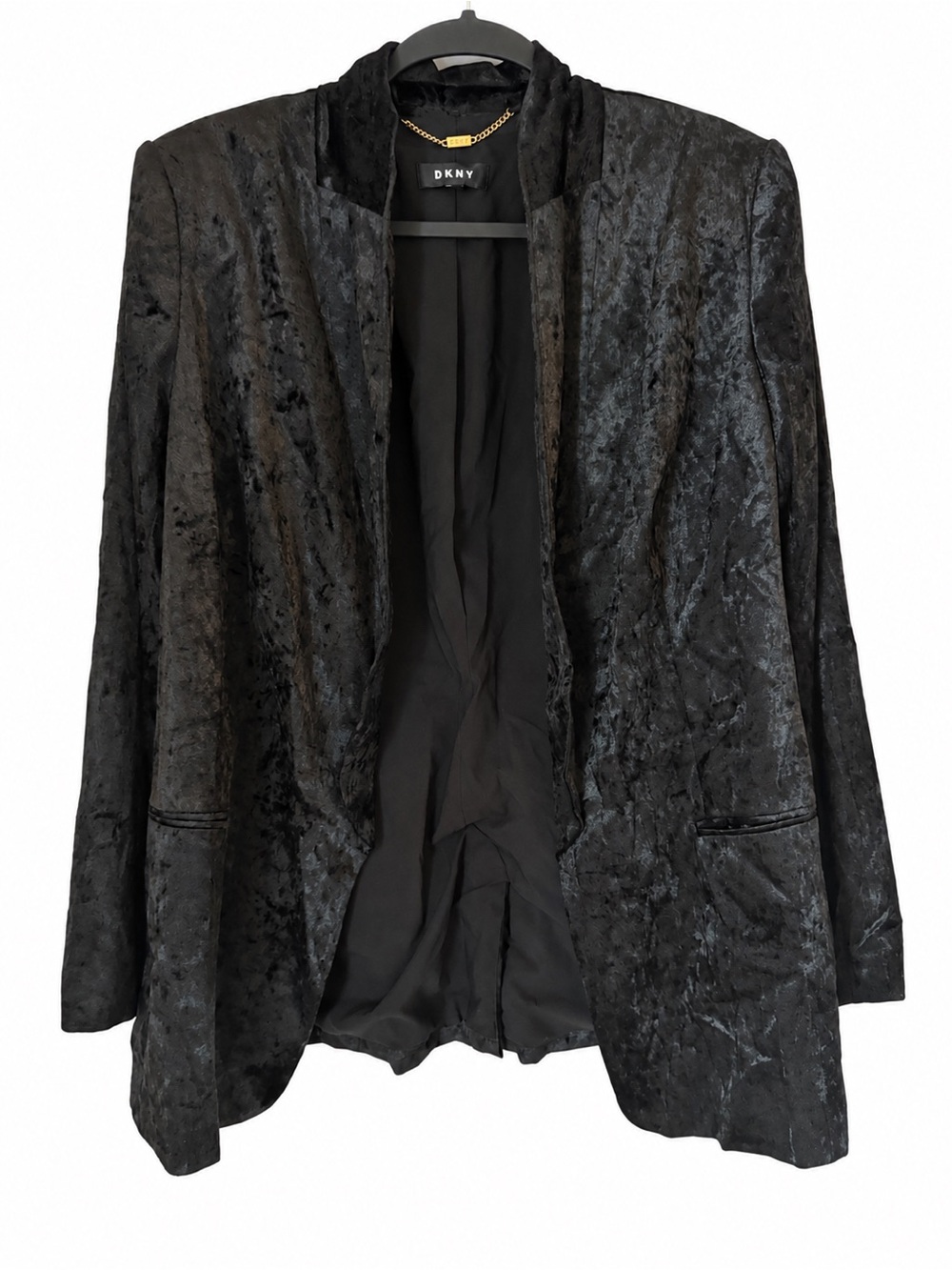 DKNY Black Crushed Velvet Longline Blazer Open Front Jacket Witch Goth Vampire L